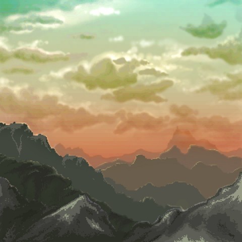 Color pixel art background designed for a game. Mountains and clouds.