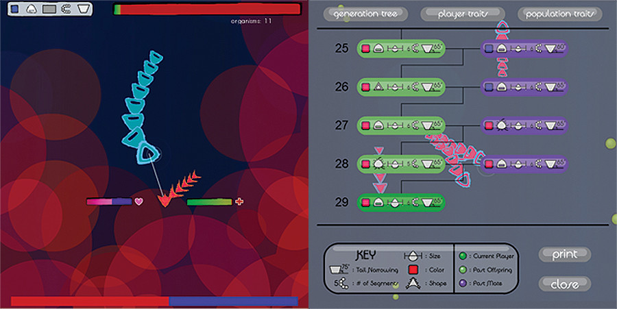Screenshot from Envi game play. On the left, the main game with the player interacting with one of the AI. On the right, a screenshot of the graph generated as the player interacts with the AI. Shows a rudimentary genetic tree of sorts that doubles as a history of the players interactions during the game.