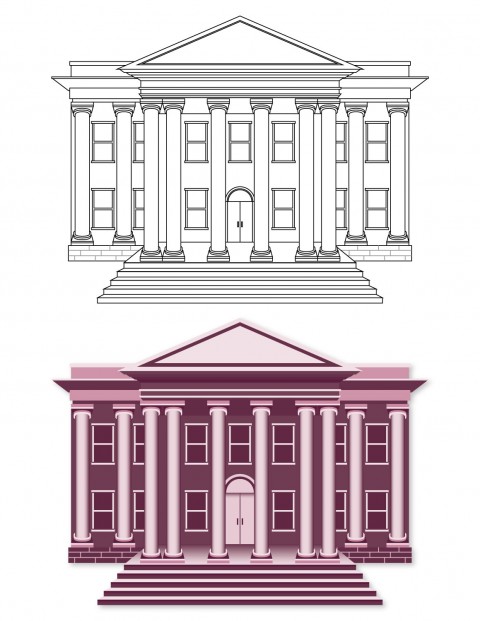 Two illustrations. Top: line art building, Bottom: color filled building. Pink government building.