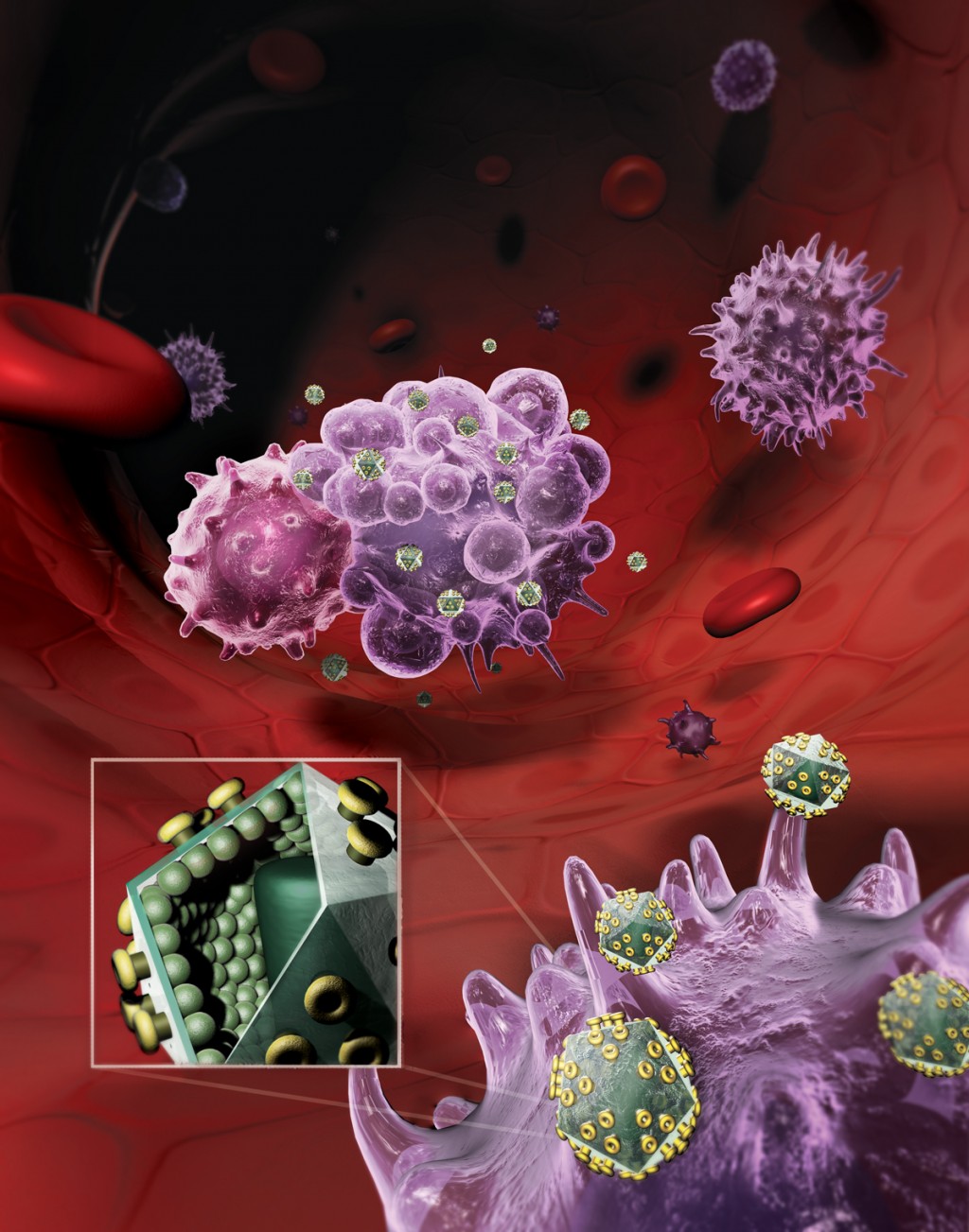 Color illustration. 2D still rendered from a 3D scene. Depicts HIV virus eliminating t cells by inducing apoptosis. Scene is inside blood vessel.