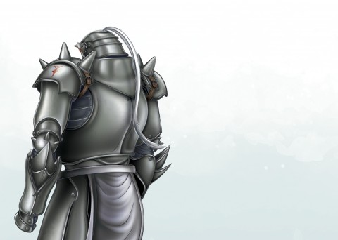 Color Photoshop painting of Alphonse Elric from Full Metal Alchemist. A Suit of Armor on a green background.