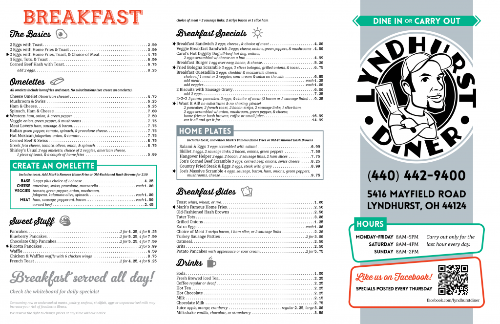 Lyndhurst Diner menu, 1st page. Line art and flat color.