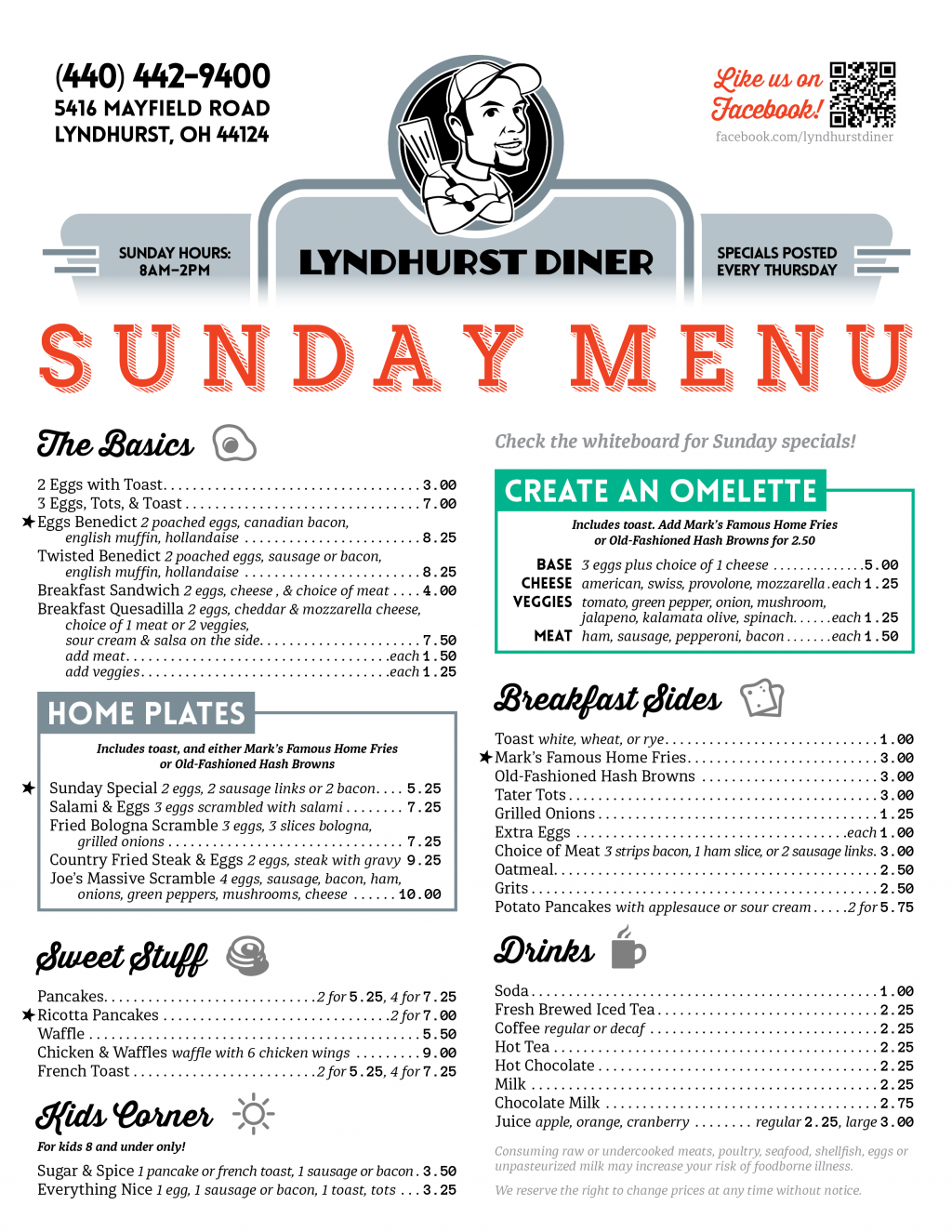 Lyndhurst Diner Sunday brunch menu. Line art and flat color.