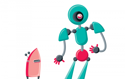 Full color stylized illustration of two robots.