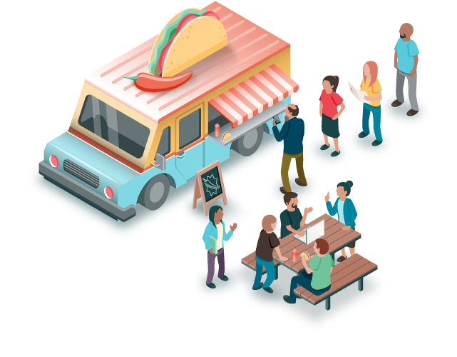 Isometric illustration, full color, close up of a portion of the full illustration, showing a food truck and people.