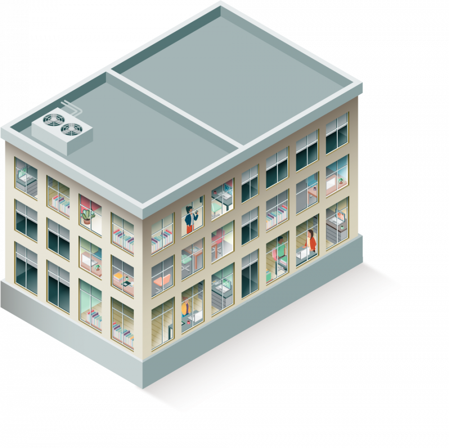 Isometric illustration, full color, close up of a portion of the full illustration, showing a portion of the building and the interior.