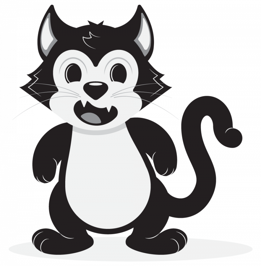 Black and white sketch of a cartoon cat character. Fleischer animation style