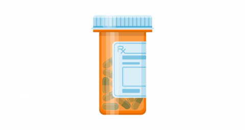 Stylized pill bottle illustration. Flat design. Color.