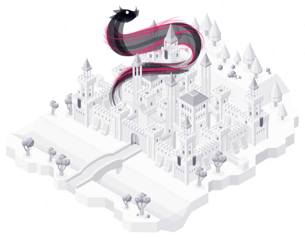 Grayscale monotone isometric illustration of a castle and landscape with a pink and black swirling abstract dragon around the top of the castle.