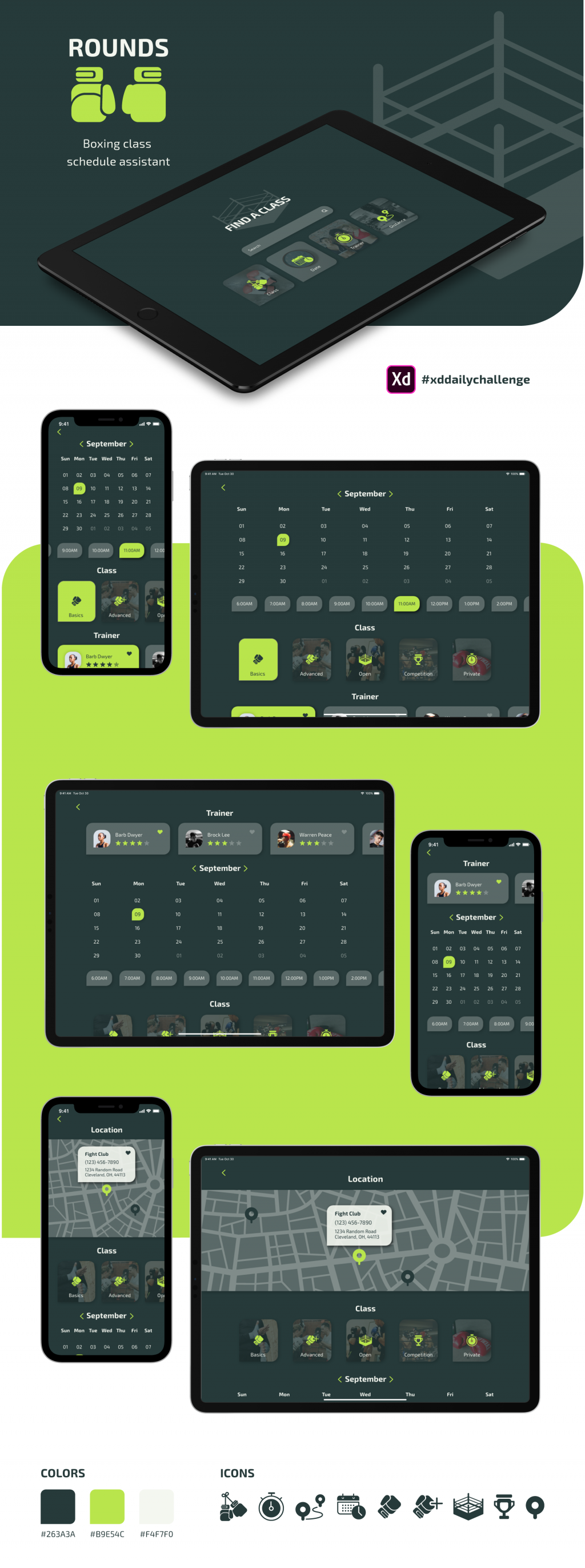 Mockup for a design for a gym class scheduling app.