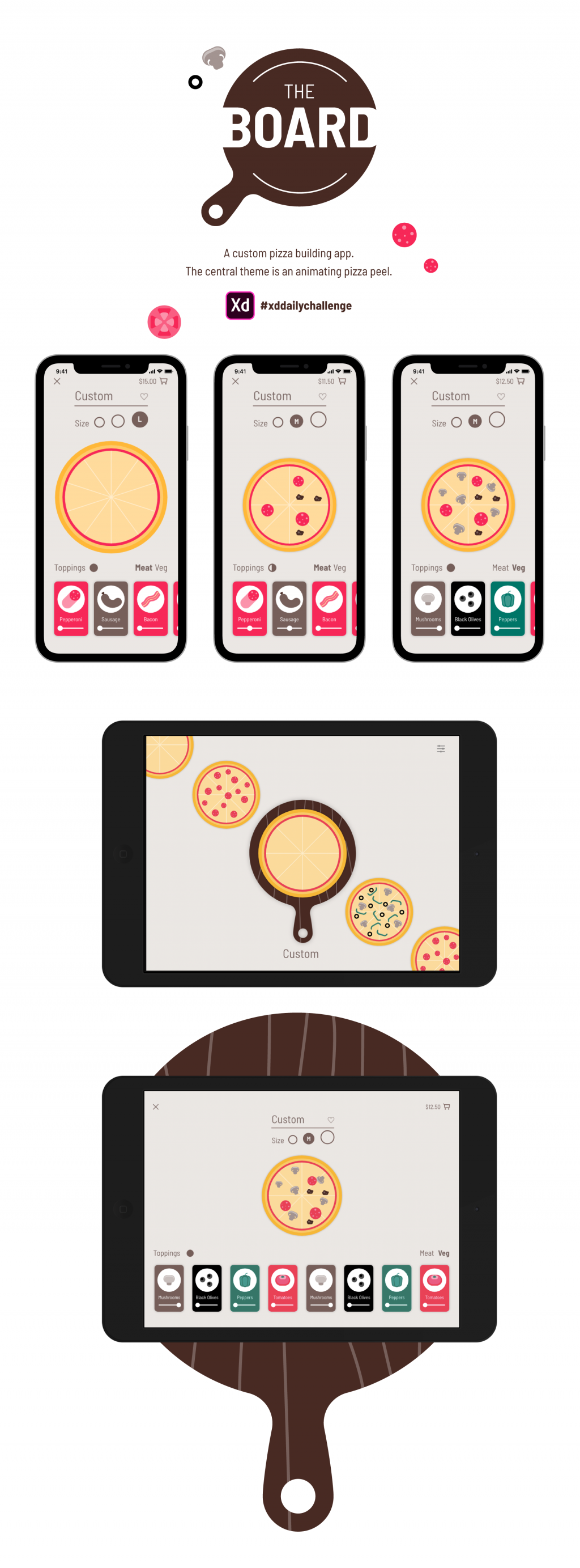 Mockup for a design for a custom pizza ordering app.